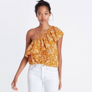 Madewell one shoulder yellow floral ruffle top